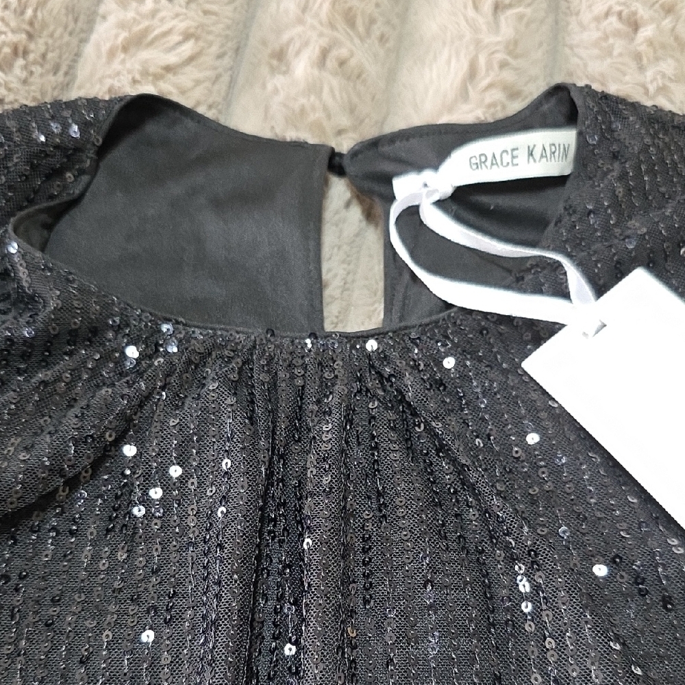 Black Sequin Short Sleeve Top Size L - Picture 8 of 12